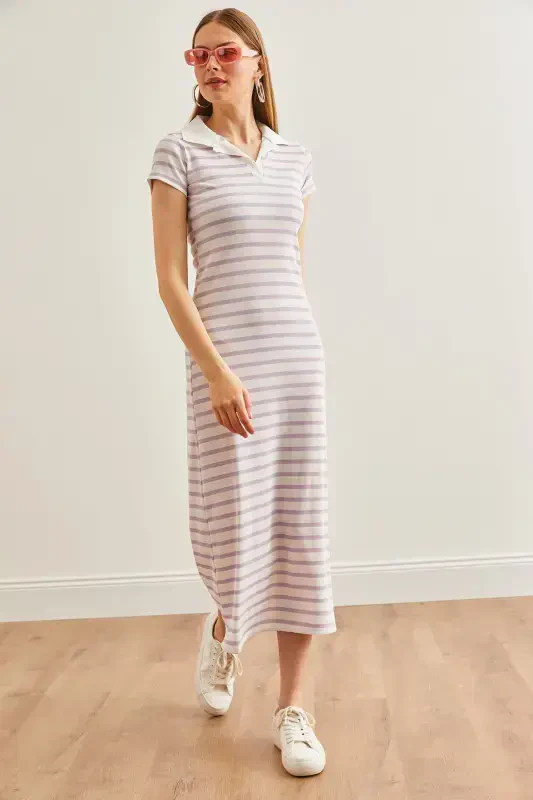 Women's Purple Polo Collar Striped Lycra Dress ELB-19002045-Purple - 3