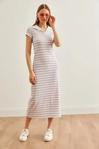 Women's Purple Polo Collar Striped Lycra Dress ELB-19002045-Purple - 4
