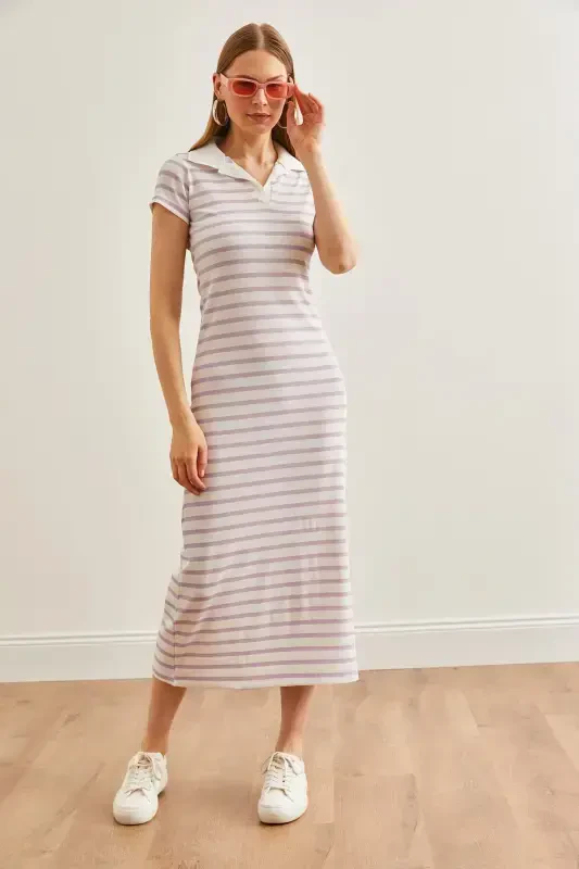 Women's Purple Polo Collar Striped Lycra Dress ELB-19002045-Purple - 4
