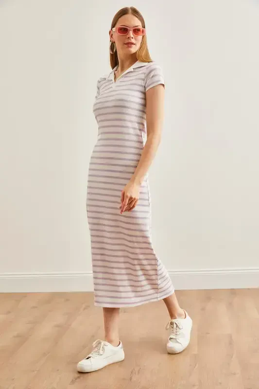 Women's Purple Polo Collar Striped Lycra Dress ELB-19002045-Purple - 5