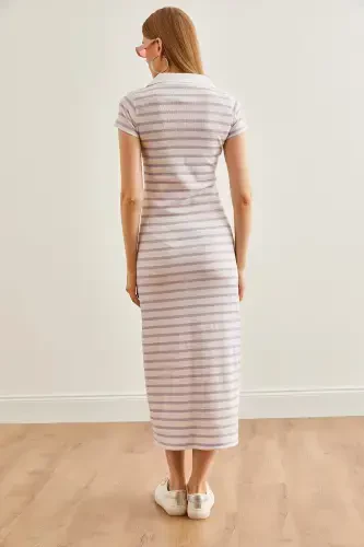 Women's Purple Polo Collar Striped Lycra Dress ELB-19002045-Purple - 6