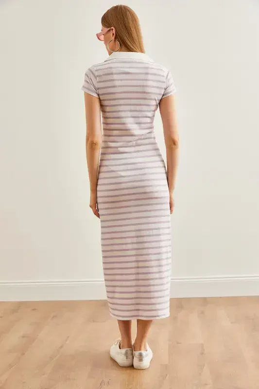 Women's Purple Polo Collar Striped Lycra Dress ELB-19002045-Purple - 6