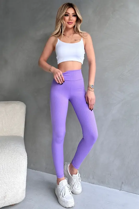 Women's Purple Shaping Ribbed Leggings-Purple - 4