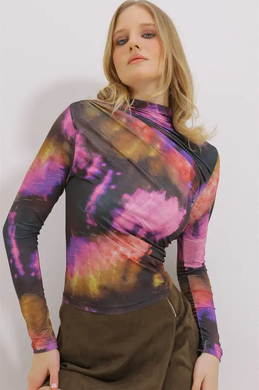 Women's Purple Stand-up Collar Gathered Shoulder Draped Patterned Blouse ALC-X11131-MOR - 3