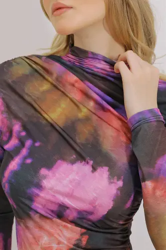 Women's Purple Stand-up Collar Gathered Shoulder Draped Patterned Blouse ALC-X11131-MOR - 4