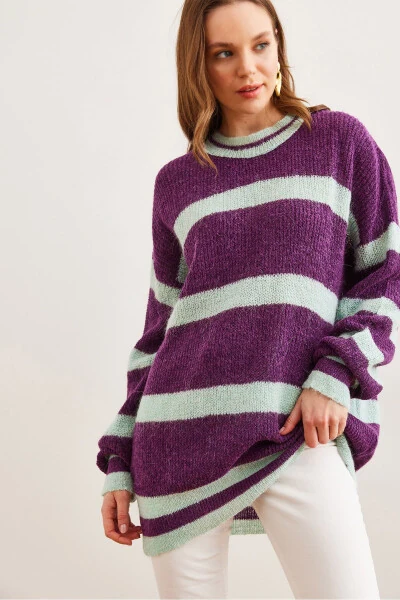 Women's Purple Striped Crew Neck Pullover Sweater KZK-19000916 - OLALOOK