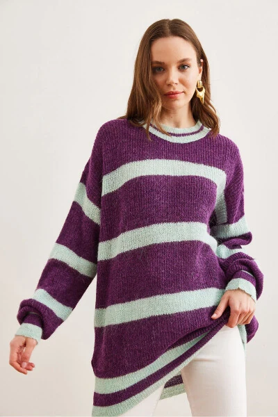 Women's Purple Striped Crew Neck Pullover Sweater KZK-19000916 - OLALOOK (1)