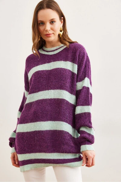 Women's Purple Striped Crew Neck Pullover Sweater KZK-19000916 - 3