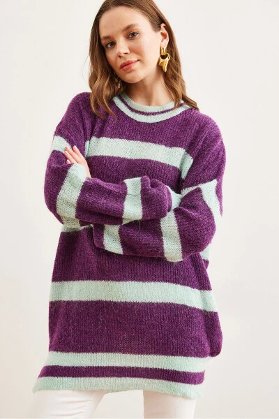 Women's Purple Striped Crew Neck Pullover Sweater KZK-19000916 - 4