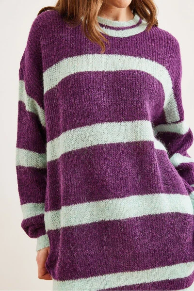 Women's Purple Striped Crew Neck Pullover Sweater KZK-19000916 - 5
