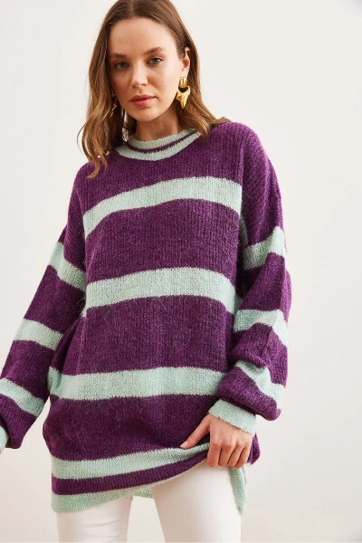 Women's Purple Striped Crew Neck Pullover Sweater KZK-19000916 - 6