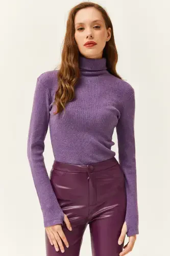 Women's Purple Turtleneck Finger Detailed Lycra Blouse BLZ-19001644-Purple - 1