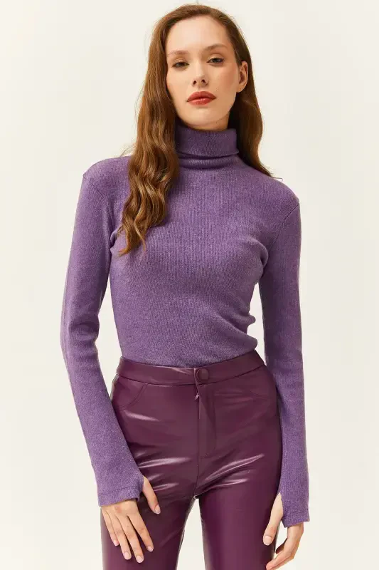 Women's Purple Turtleneck Finger Detailed Lycra Blouse BLZ-19001644-Purple - 1