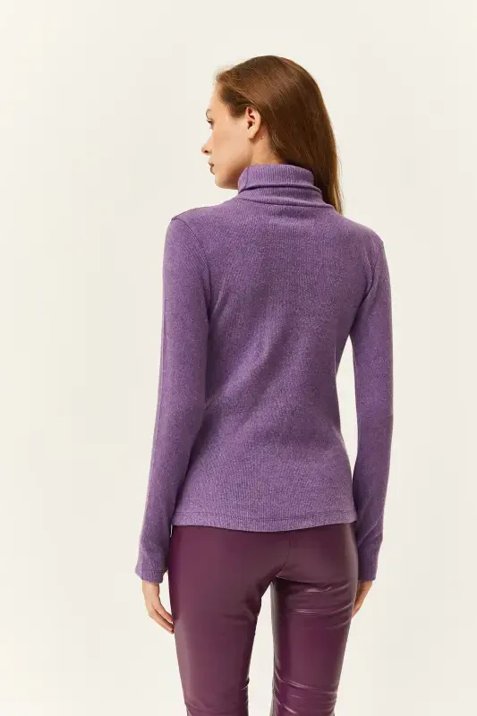 Women's Purple Turtleneck Finger Detailed Lycra Blouse BLZ-19001644-Purple - 2