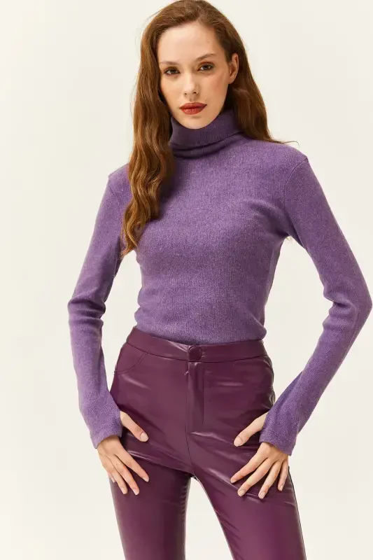 Women's Purple Turtleneck Finger Detailed Lycra Blouse BLZ-19001644-Purple - 3