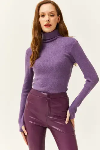 Women's Purple Turtleneck Finger Detailed Lycra Blouse BLZ-19001644-Purple - 4