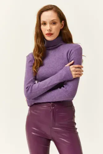 Women's Purple Turtleneck Finger Detailed Lycra Blouse BLZ-19001644-Purple - 5