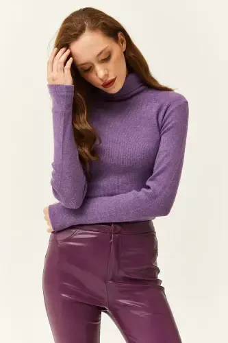 Women's Purple Turtleneck Finger Detailed Lycra Blouse BLZ-19001644-Purple - 6