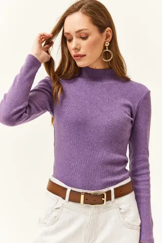 Women's Purple Turtleneck Fleece Lined Corset Bodysuit-Purple - 4