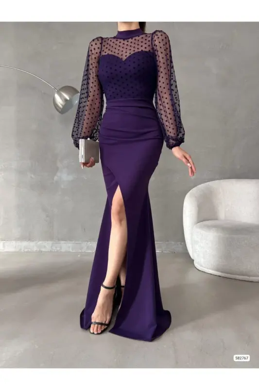 Women's Purple Turtleneck Tulle Detail Slit Plus Size Maxi Dress-Purple - 1