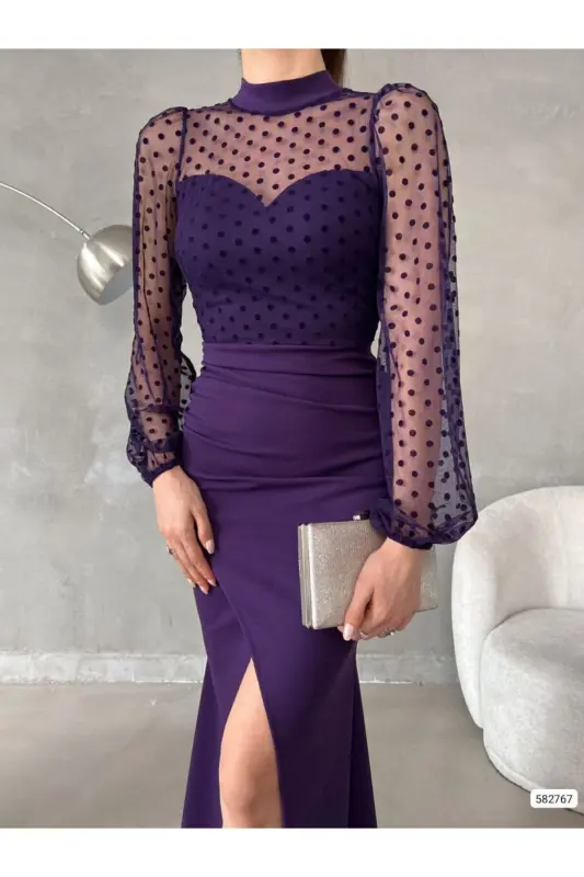 Women's Purple Turtleneck Tulle Detail Slit Plus Size Maxi Dress-Purple - 3