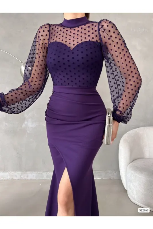 Women's Purple Turtleneck Tulle Detail Slit Plus Size Maxi Dress-Purple - 4