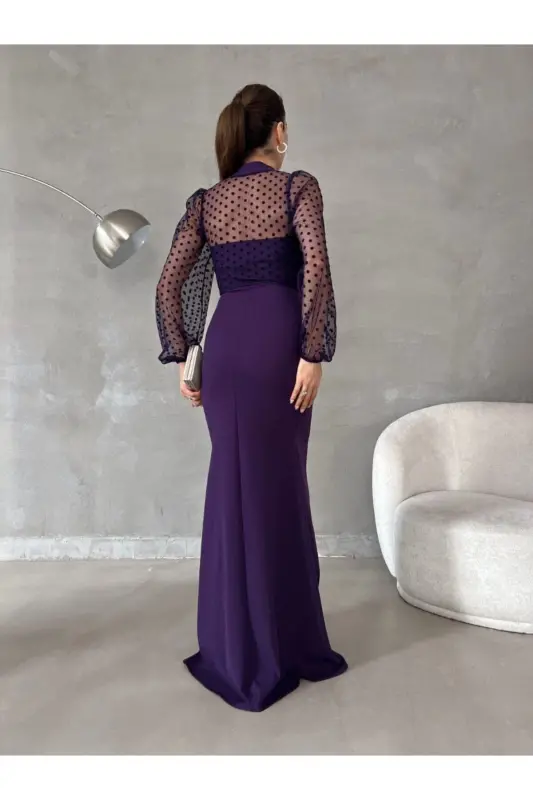 Women's Purple Turtleneck Tulle Detail Slit Plus Size Maxi Dress-Purple - 5