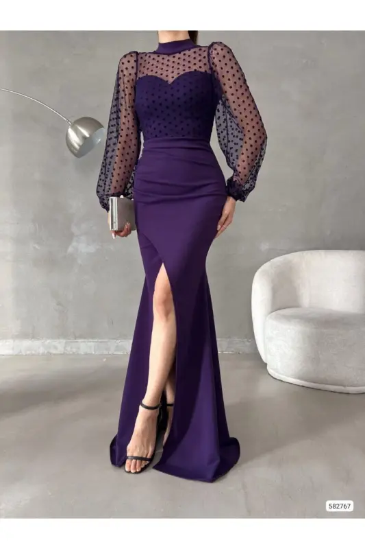 Women's Purple Turtleneck Tulle Detail Slit Plus Size Maxi Dress-Purple - 2