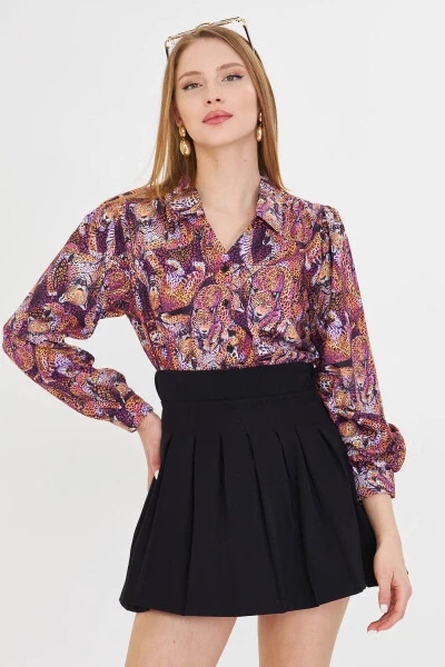 Women's Purple V-Neck Balloon Sleeve Patterned Shirt ARM-25Y0 