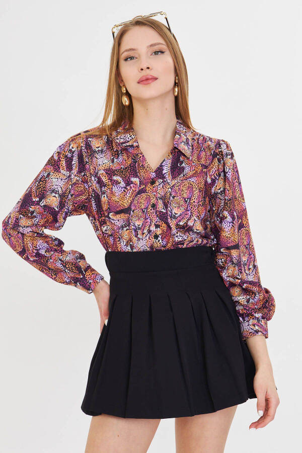 Women's Purple V-Neck Balloon Sleeve Patterned Shirt ARM-25Y0 - 1