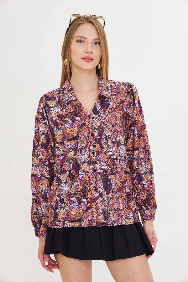 Women's Purple V-Neck Balloon Sleeve Patterned Shirt ARM-25Y0 - 2