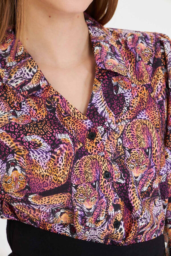 Women's Purple V-Neck Balloon Sleeve Patterned Shirt ARM-25Y0 - 3