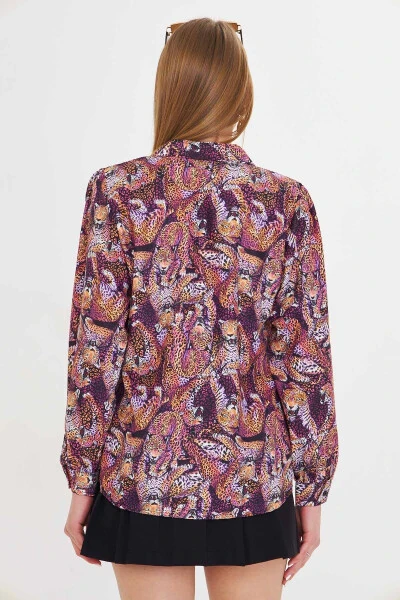 Women's Purple V-Neck Balloon Sleeve Patterned Shirt ARM-25Y0 - 4