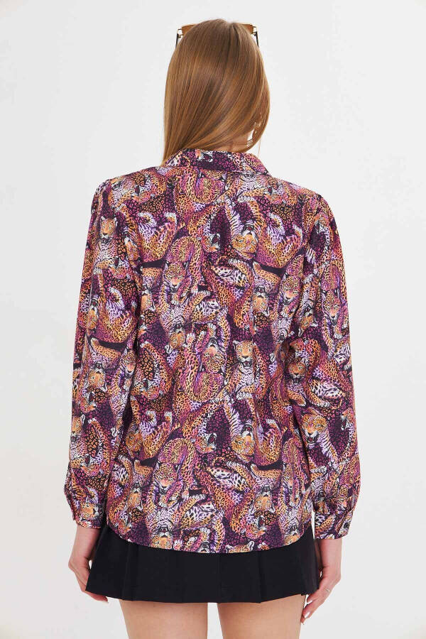 Women's Purple V-Neck Balloon Sleeve Patterned Shirt ARM-25Y0 - 4