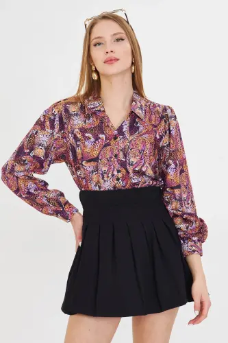 Women's Purple V-Neck Balloon Sleeve Patterned Shirt ARM-25Y0 - ARMONIKA (1)