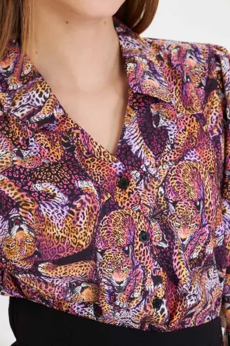 Women's Purple V-Neck Balloon Sleeve Patterned Shirt ARM-25Y0 - 4