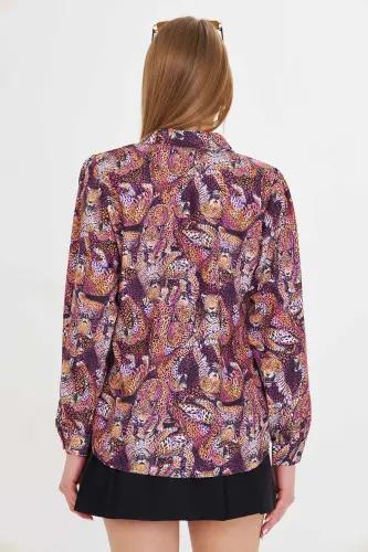 Women's Purple V-Neck Balloon Sleeve Patterned Shirt ARM-25Y0 - 5