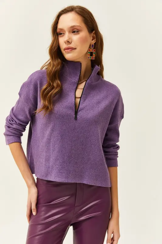 Women's Purple Zippered High Neck Sweatshirt KZK-19000640-Purple - 3