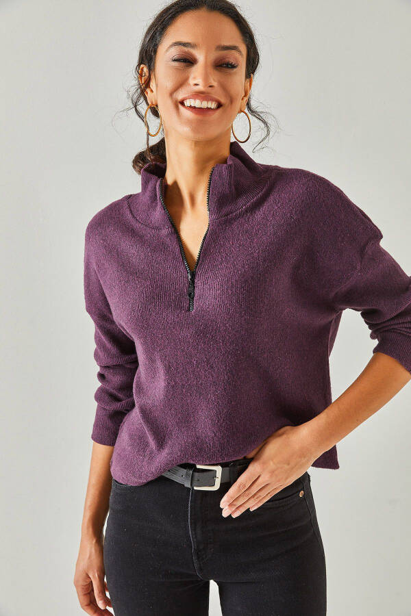 Women's Purple Zippered High Neck Thistle Cardigan KZK-19000640 - 2