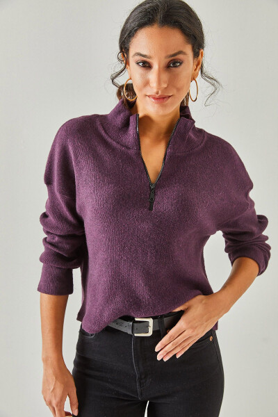 Women's Purple Zippered High Neck Thistle Cardigan KZK-19000640 - 3