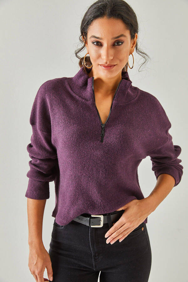Women's Purple Zippered High Neck Thistle Cardigan KZK-19000640 - 3