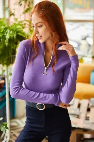 Women's Purple Zippered Turtleneck Lycra Blouse BLZ-19001155-Purple - OLALOOK (1)