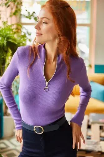 Women's Purple Zippered Turtleneck Lycra Blouse BLZ-19001155-Purple - 5