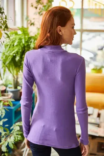 Women's Purple Zippered Turtleneck Lycra Blouse BLZ-19001155-Purple - 6
