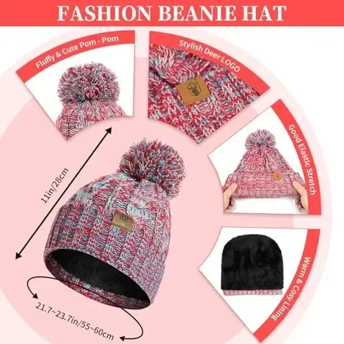 Womens Qishki Issiq Beanie Shlyapa Sensorli Ekranli Qo'lqoplar Yolg'iz Bo'yin Sharf To'plami Fleece Astarli Pom череп Qopqoq Ayollar uchun 3 dona Sovg'a - 1