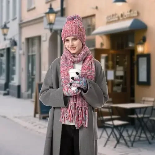 Womens Qishki Issiq Beanie Shlyapa Sensorli Ekranli Qo'lqoplar Yolg'iz Bo'yin Sharf To'plami Fleece Astarli Pom череп Qopqoq Ayollar uchun 3 dona Sovg'a - 5