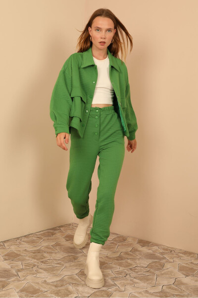 Women's Quilted Fabric Ankle Length Full Fit Snap Detail Pants - Green - 3