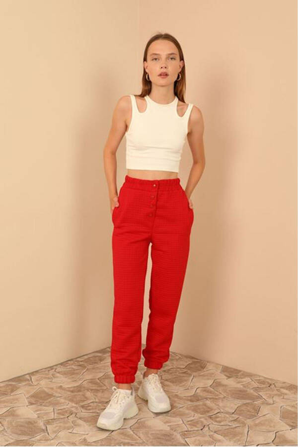 Women's Quilted Fabric Ankle Length Full Fit Snap Detail Trousers - Red - 1