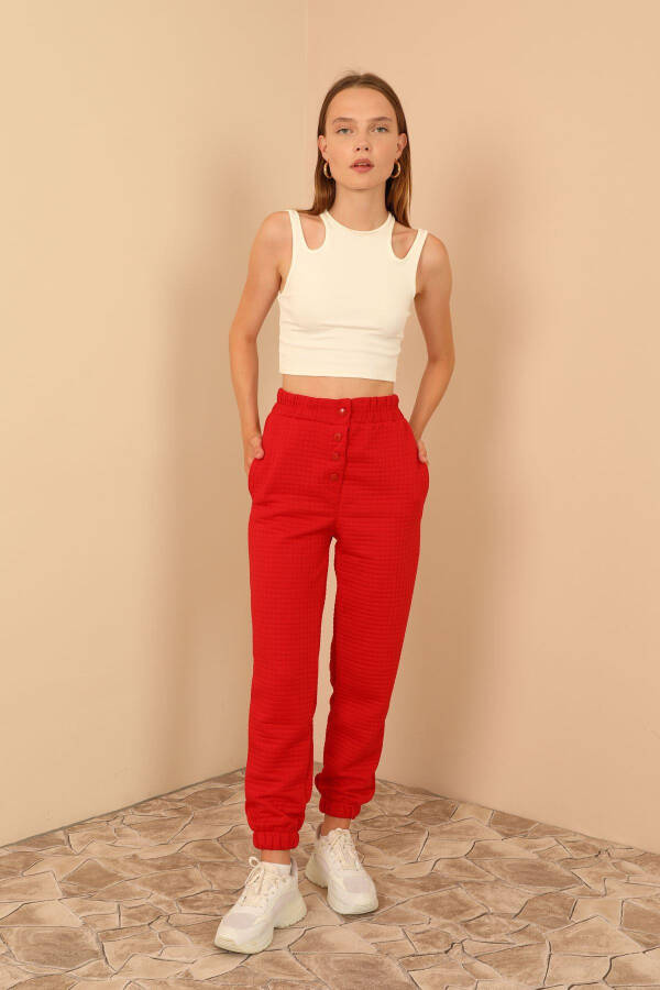 Women's Quilted Fabric Ankle Length Full Fit Snap Detail Trousers - Red - 3