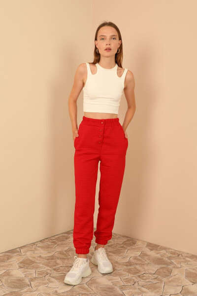 Women's Quilted Fabric Ankle Length Full Fit Snap Detail Trousers - Red - 4